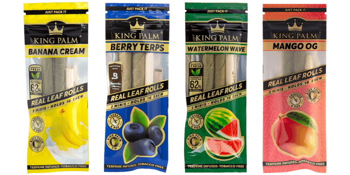 King Palm Classic flavor 2ct mini pack refills. Featuring King Palm Banana Cream, King Palm Berry Terps, King Palm Watermelon Wave, and King Palm Mango OG real leaf rolls.