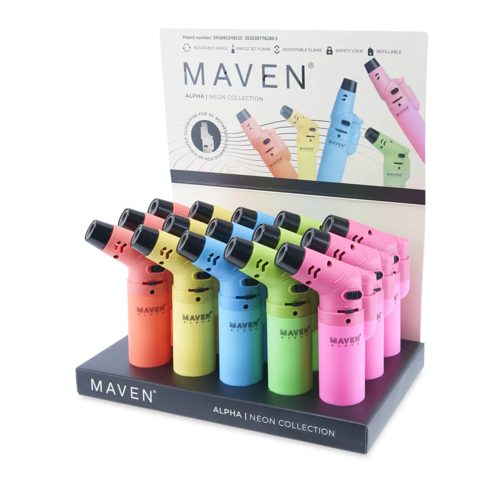 Maven Alpha Butane Torch Lighter 15ct Display – Assorted Neon