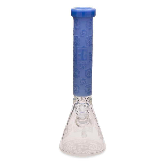 EG Glass Etched Skull Decal 15 Beaker Water Pipe  Transparent Blue