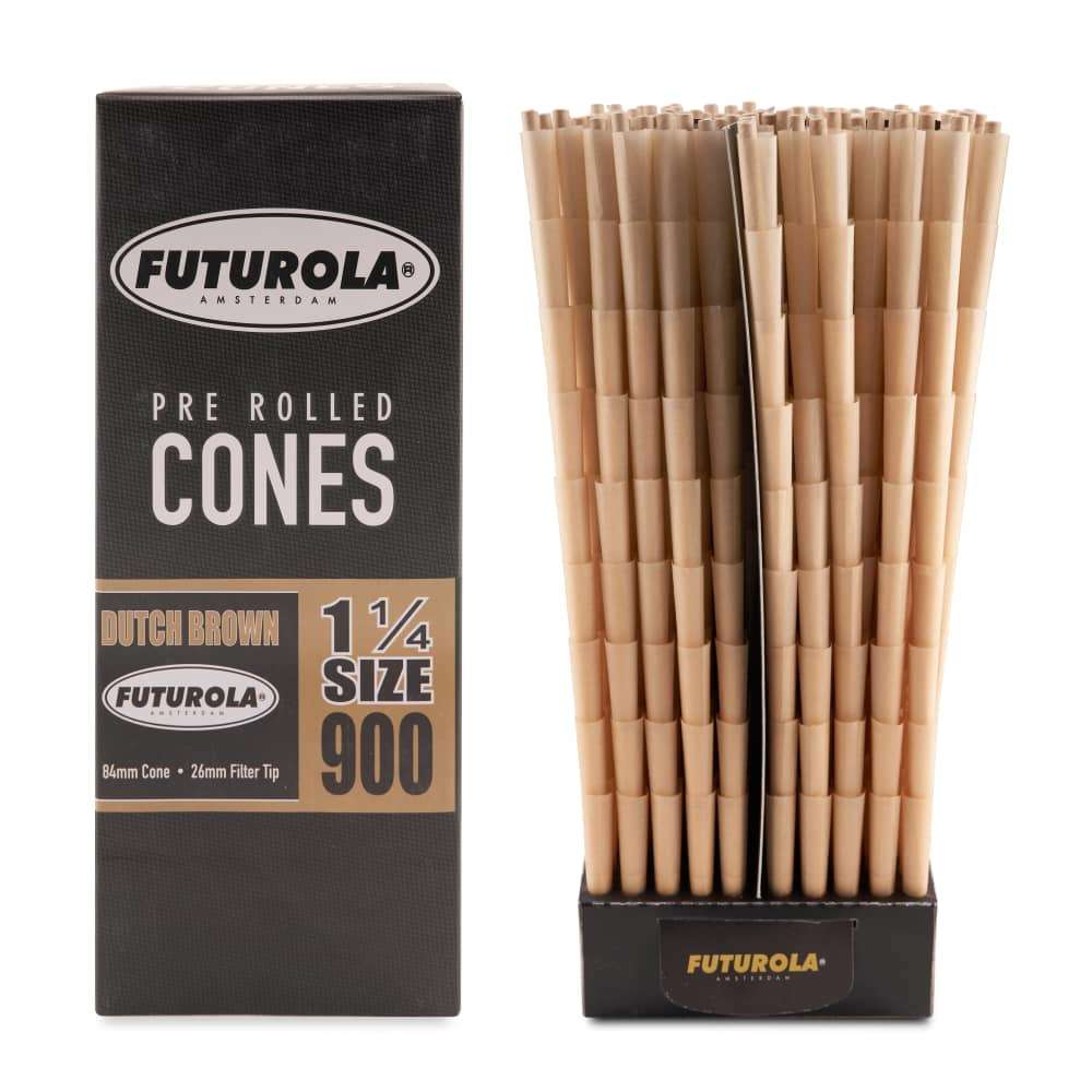 Futurola 1 ¼ Size Dutch Brown Pre-Rolled Cones with Non-Printed Filter Tips Bulk Box - 900ct