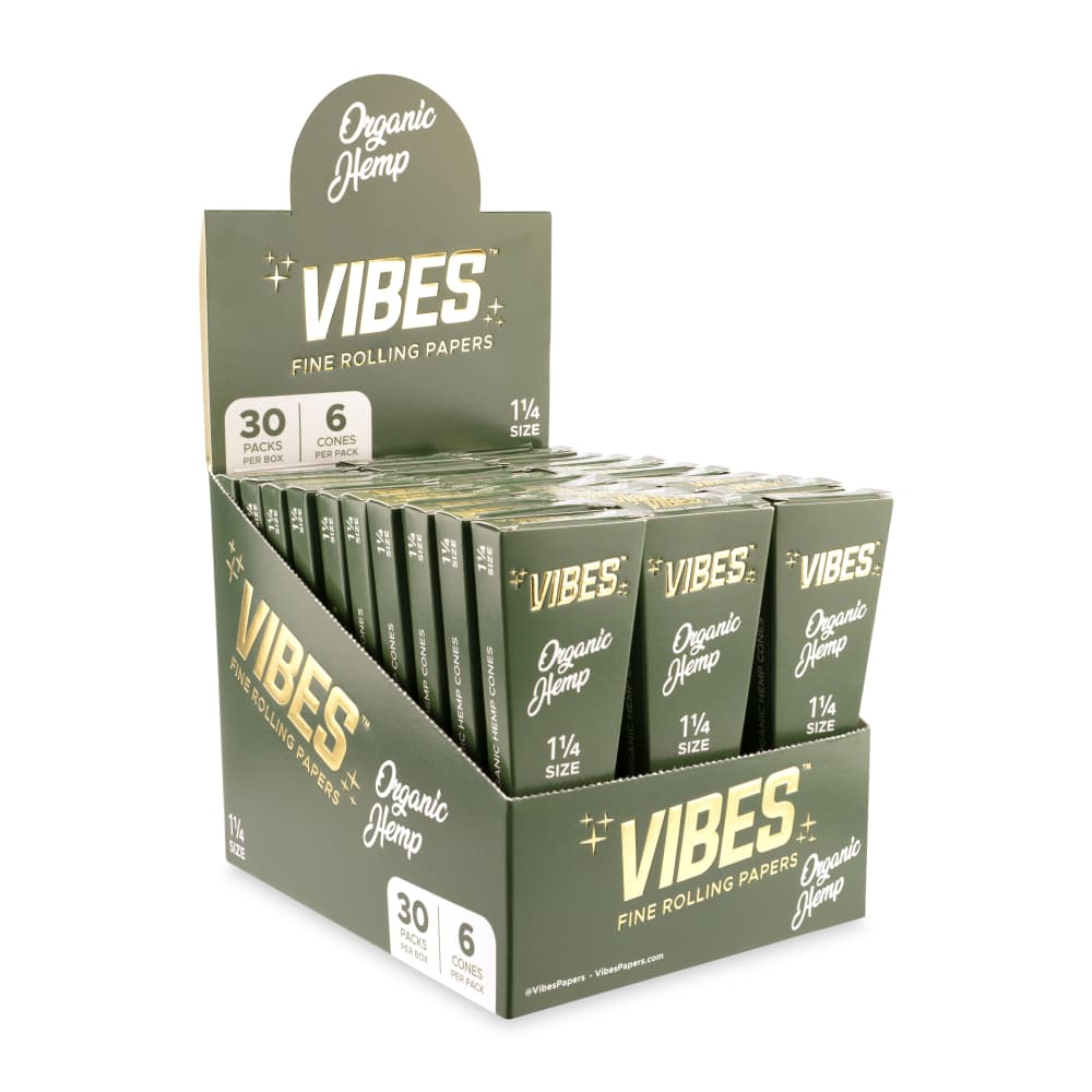 Vibes Organic Hemp Paper 1 ¼ Size 6pk Cones Display  30ct