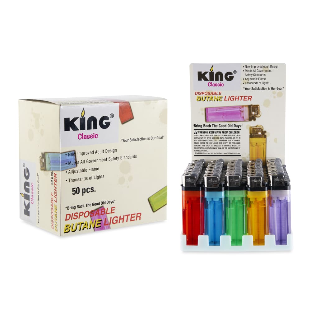 King Classic Disposable Butane Lighter Assorted Color Display – 50ct