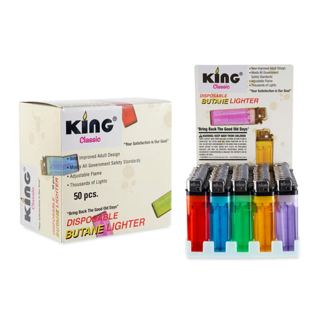King Classic Disposable Butane Lighter Assorted Color Display – 50ct