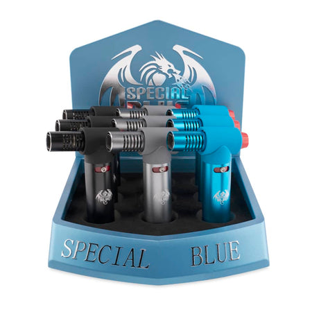 Special Blue Pulse Refillable Mini Butane Gas Torch Lighter Display - 9ct