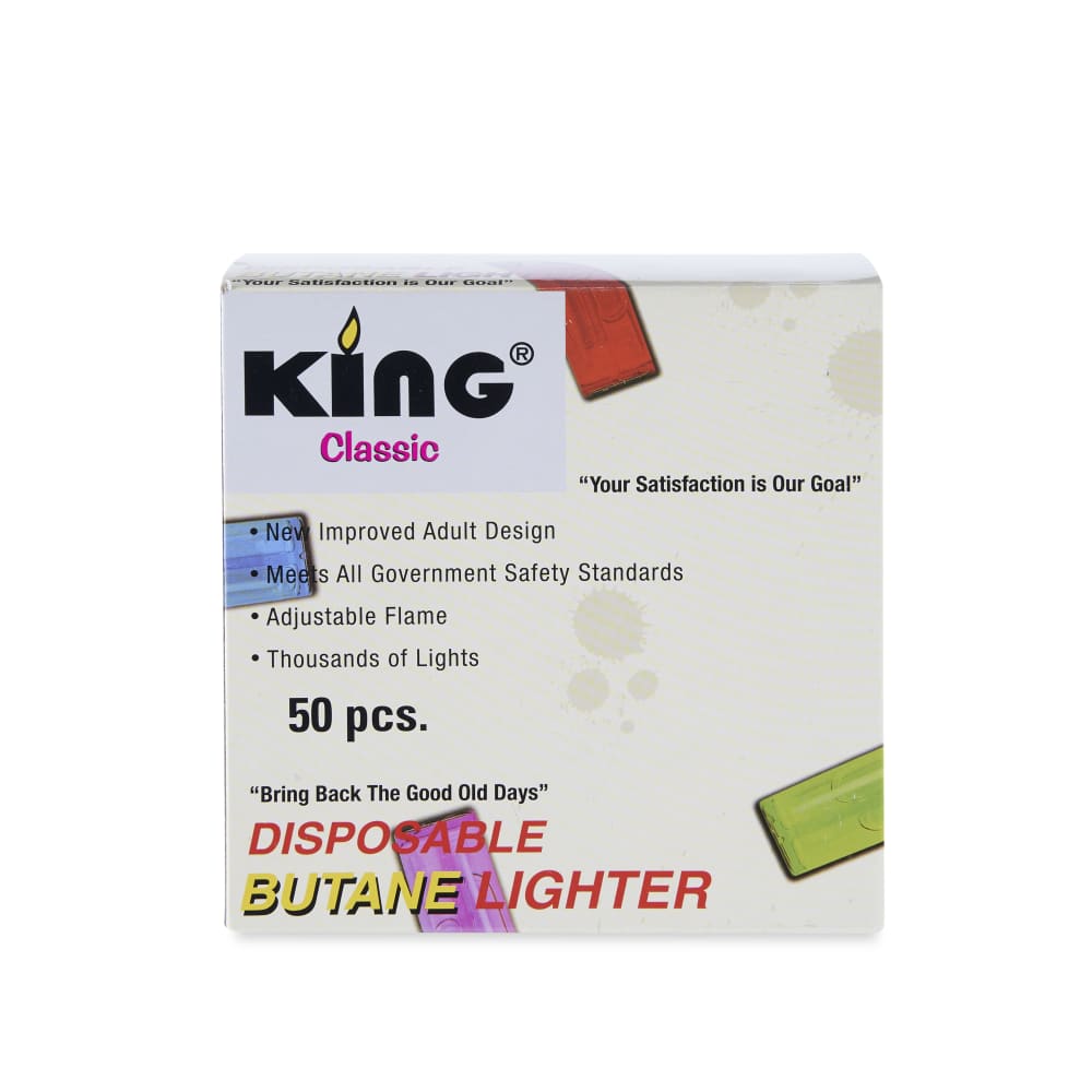 King Classic Disposable Butane Lighter Assorted Color Display – 50ct