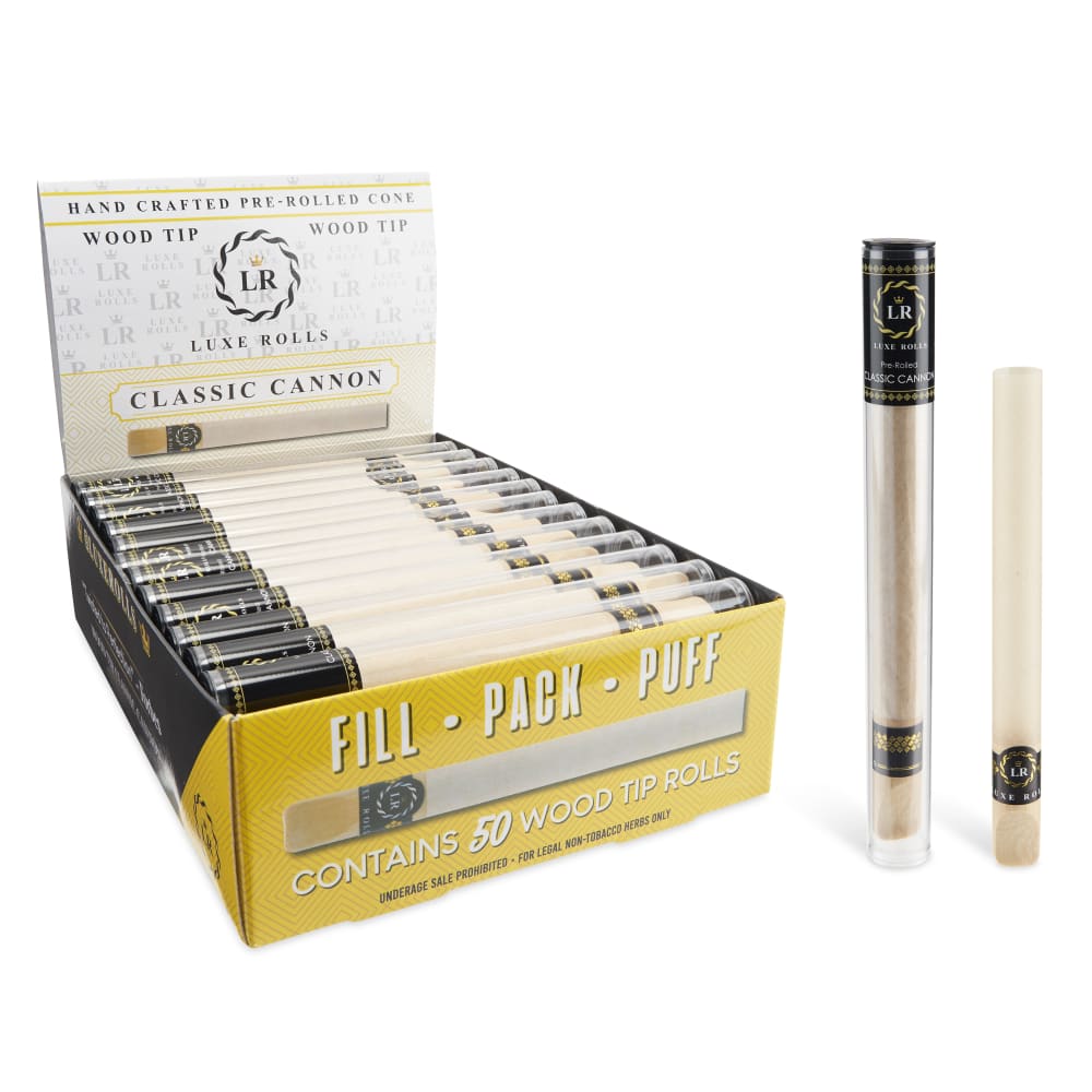 Luxe Rolls Pre-Rolled Cones 50ct Display – Cannon with Wood Tip