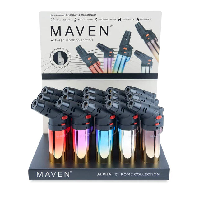 Maven Alpha Butane Torch Lighter 15ct Display – Assorted Chrome