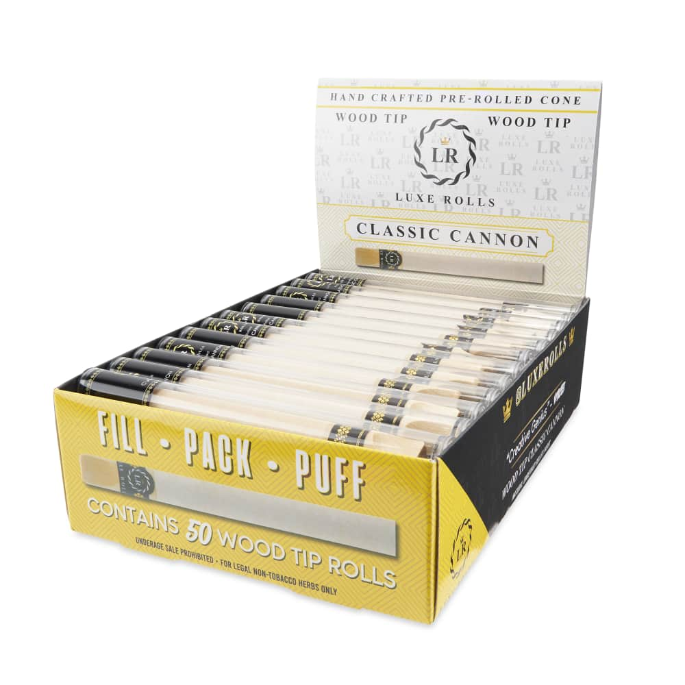 Luxe Rolls Pre-Rolled Cones 50ct Display – Cannon with Wood Tip