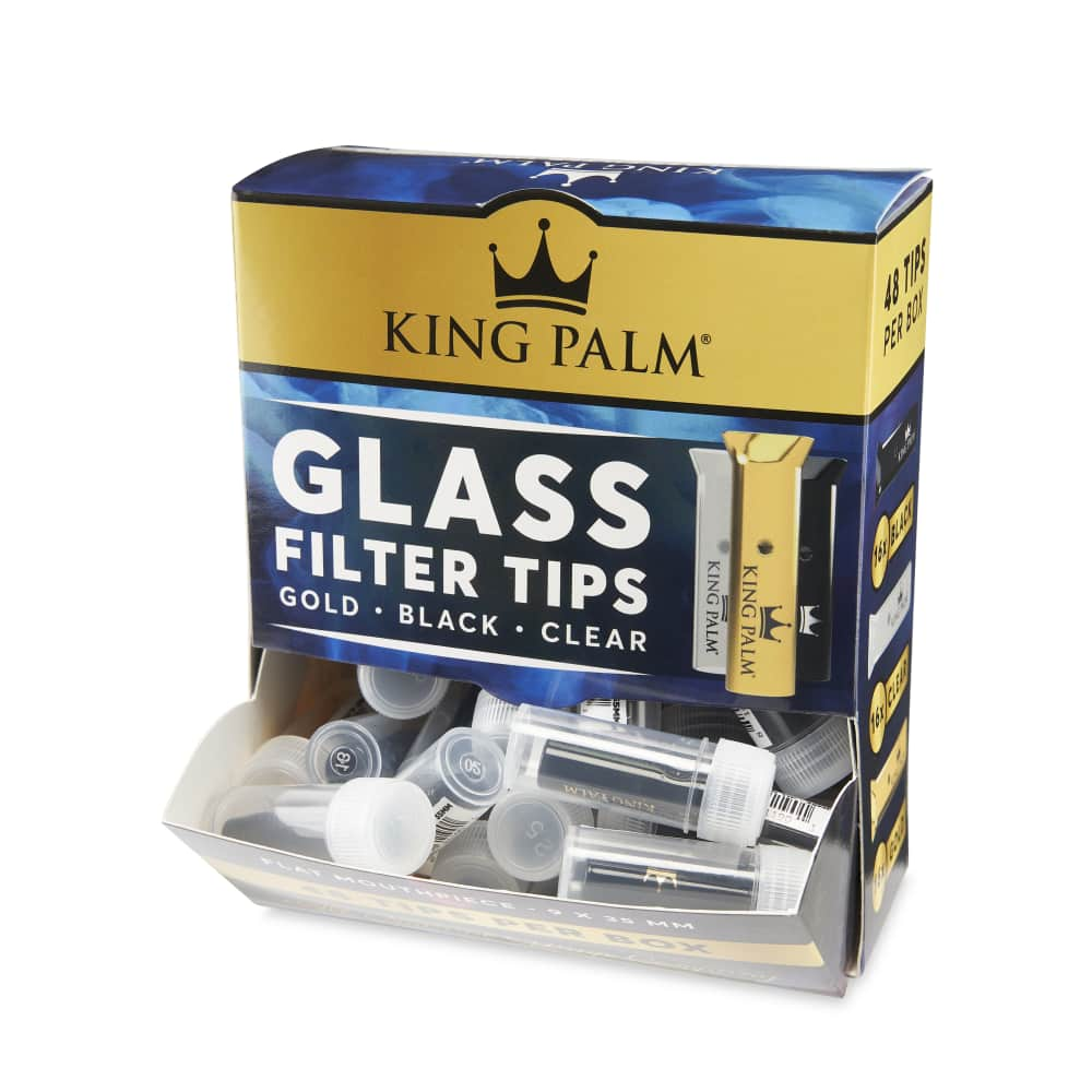 King Palm Glass Filter Tip 48ct Dispensing POP Display – Gold, Black, & Clear