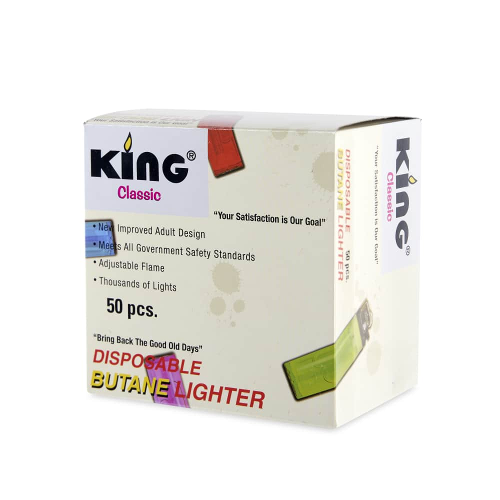 King Classic Disposable Butane Lighter Assorted Color Display – 50ct