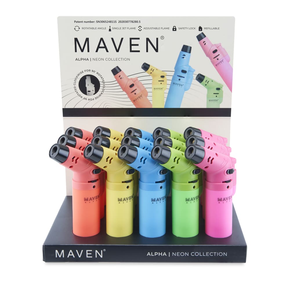 Maven Alpha Butane Torch Lighter 15ct Display – Assorted Neon